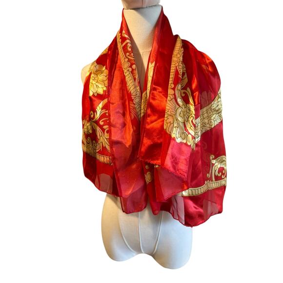 Scarf Shawl Neck Head Red Gold Square Silk Damask Vertical Striped 40" x 40" - Picture 1 of 7